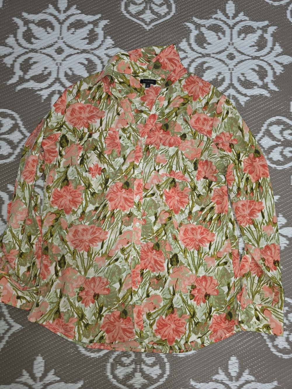 Talbots Coral and Green Floral Button-Down Shirt